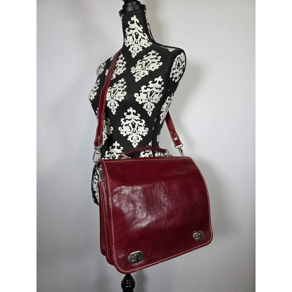 Vintage Italian Genuine Leather Organizer Satchel Crossbody with Shoulder Strap